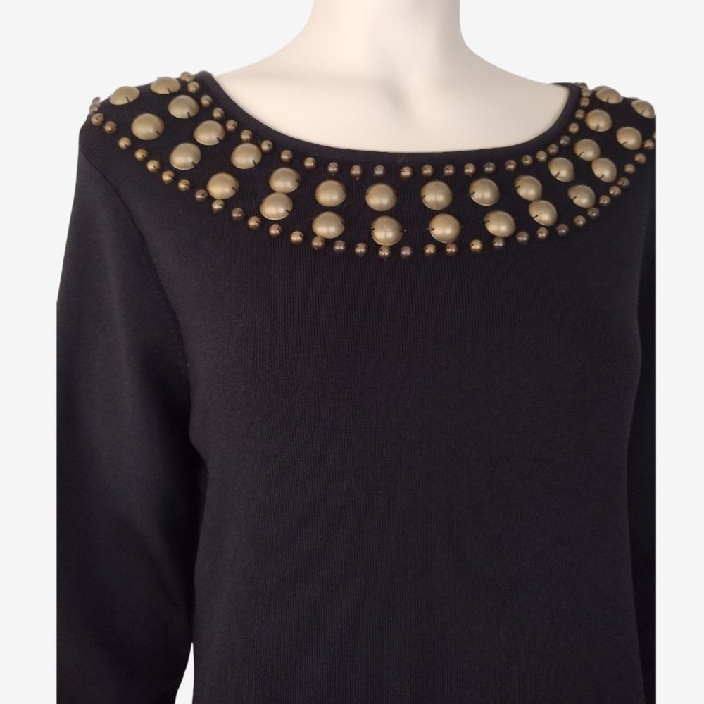 Grace Black Boat Neck Long Sleeved Beaded Fitted Stretch Knit Mini Dress - Picture 8 of 11
